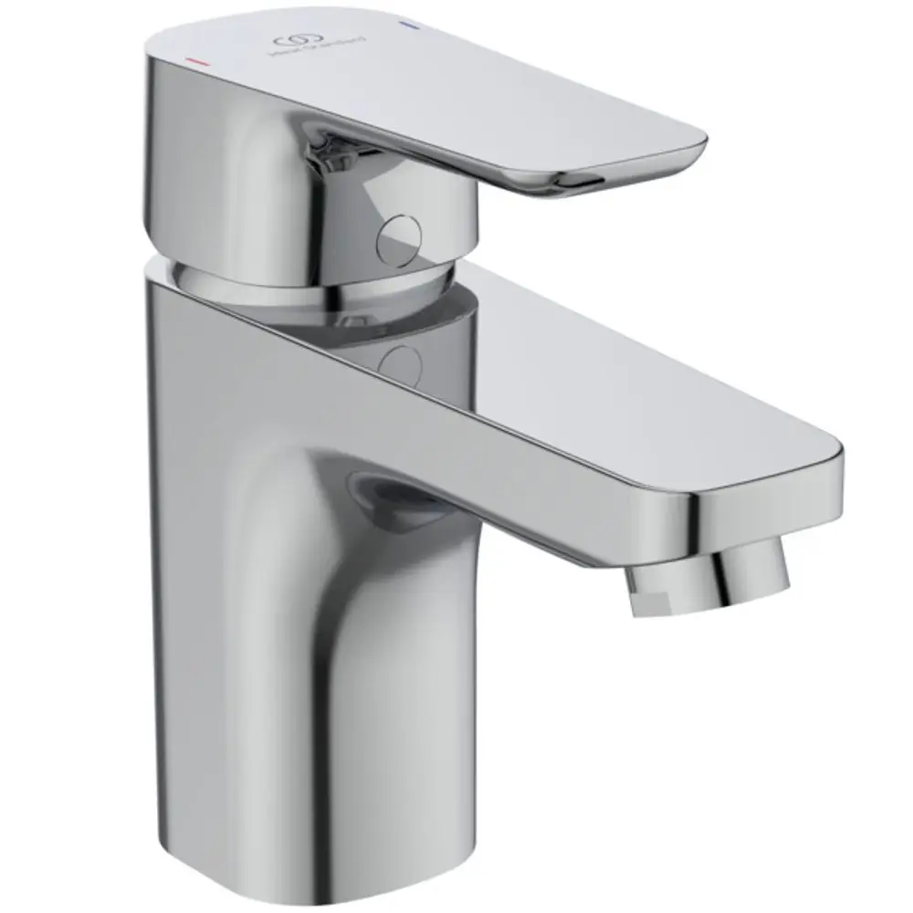 Waschtischarmatur von Ideal Standard mit einem klaren, modernen Design. Der Wasserhahn hat einen Hebel zur Temperatur- und Durchflussregelung und eine chromfarbene Oberfläche.